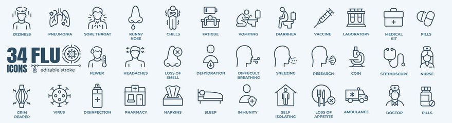 Disease, sickness and flu elements - minimal thin line web icon set. Outline editable icons collection. Simple vector illustration.