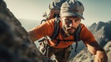 Fototapeta  - An adventurous climber, utilizing safety gears, meticulously scaling a steep, rugged mountain surface, with determination in his eyes.
