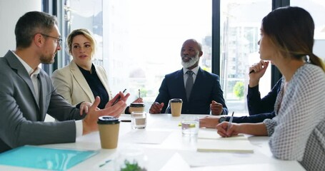 Poster - Meeting, leadership and business people in office with senior man for deal, discussion or negotiation. Teamwork, collaboration and design team with mature ceo for brainstorming, solution or plan