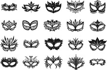 Masquerade Mask Silhouettes. Gothic Italy Venice Elegant Paper Festival Mask Set Black On White Vector Isolated Icons