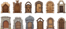 Medieval Arch Wooden Doors In Castle. Isolated Cartoon Ancient Door In Stones, Kingdom Gates. Game Elements, Old Buildings Entrances Vector Set