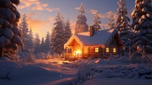 A Cozy Log Cabin Nestled In A Snow-covered Pine Forest, With Smoke Gently Rising From The Chimney Against A Clear Winter Sky.