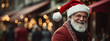 Smiling happy old good-looking man in santa hat walking in sity street. Christmas background outdoor. Aging with dignity. Older people leading an active and fulfilling life. Banner, copy space