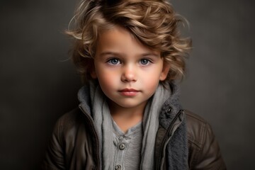 Wall Mural - Portrait of a cute little boy with curly hair. Studio shot.