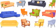 © ssstocker - Cartoon couches and armchairs. Isolated couch armchair vintage soft chair for relax in lounge modern office or home studio room decor interior, sofa divan neat vector illustration