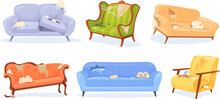 Damaged Couches. Messy Sofa With Damage Upholstery, Junk Old Soft Home Furniture From Broken Apartment Room, Worn Couch Dirty Trash Mattress On Bed Sofas, Neat Vector Illustration