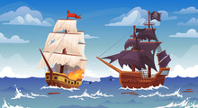 Ships Battle. Sea Vessels War, Old Pirate Brigantine Ship Cannon Shooting To Frigate Or Galleon Cartoon Boat Shipwreck Marine Battles
