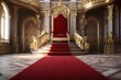 red carpet on castle or palace interior with golden chair bench of king 