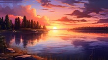A Tranquil Summer Sunset Over A Calm Lake, With The Sky Painted In Warm Tones Of Orange, Pink, And Purple.