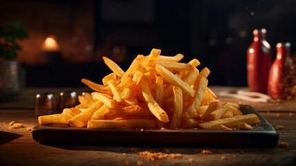 Fresh French fries on the wood table with sun light for product presentation. Created using generative AI.