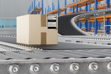 Poster - Warehouse conveyor. Production line with box. Cardboard parcel travels along conveyor belt. Conveyor to increase productivity of logistics center. Production line inside building. 3d image