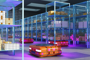 Poster - Automated guided vehicles. Search robots in warehouse. AMR with magnetic disks. Orange automated guided vehicles among racks. AMR move boxes on racks. AMR are replacing warehouse workers. 3d image