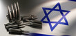 Bullets on Israeli flag. Cartridges for weapons. Ammunition for war. Silver bullets machine gun. Israeli military technologies. Cartridges for military operations. Israeli military industry. 3d image
