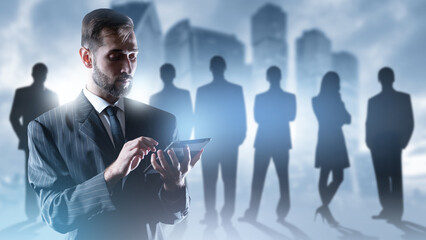 Poster - businessman with tablet. man investor with digital gadget. businessman near silhouettes of guys and 