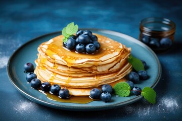 Sticker - Blueberry and honey crepes on a homemade blue table with space for copies