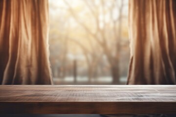 Wall Mural - Blurred curtained window background with a wooden table