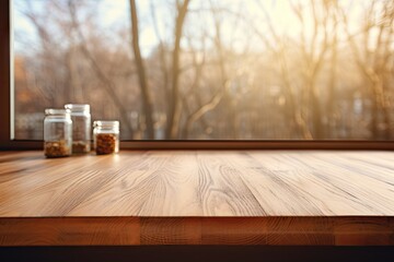 Poster - Blurred kitchen window background with wooden tabletop