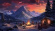 Winter apres-ski scene at a mountain resort, with skiers gathered around a roaring fire pit, sipping hot cocoa and sharing stories as the alpenglow paints the snow-covered peaks in warm hues.