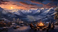 Winter Apres-ski Scene At A Mountain Resort, With Skiers Gathered Around A Roaring Fire Pit.