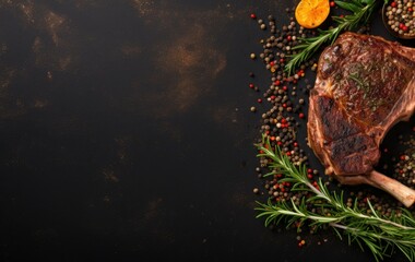 Wall Mural - copy space for text above grilled ribeye steak with herbs and spices