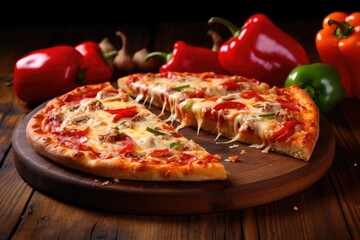Wall Mural - Delicious classic Italian pizza with various toppings served on a wooden board