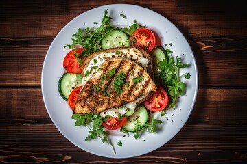 Wall Mural - Homemade sandwich with toasted bread chicken tomato salad cucumber mozzarella on white plate On wooden tabletop Flat lay