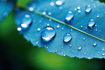 Sticker - Morning dew on leaf in nature macro Sparkling drops under sunlight tinted blue