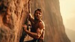 A climber, muscles taut, scaling a steep, challenging rock face with determination and skill.