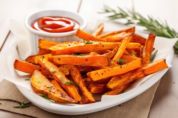 Wall Mural - Orange sweet potato fries with ketchup salt and pepper on a wooden board