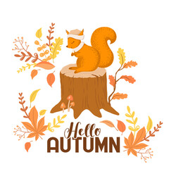 Wall Mural - Vector illustration with cute squirrel character, lettering and autumn leaves isolated on white background. Illustration for Thanksgiving greeting card, invitation template, poster