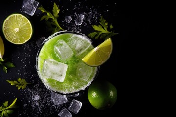 Poster - Salt and lime on a dark background high proof drink top view