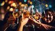 A close-knit circle of friends, clinking glasses in a jubilant cheer, surrounded by confetti, capturing a festive celebration.