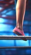 Closeup legs girl gymnast step on balance beam at artistic gymnastics sports summer games.A gymnast with tense muscles in preparation for performance, photojournalism,gymnastics competition,acrobatics