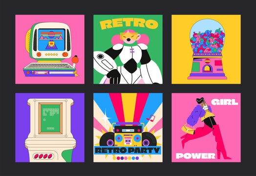 Set fanny cartoon retro posters in groovy style. Hippie acid 90s elements, vintage computers, girl characters, vector square psychedelic posters
