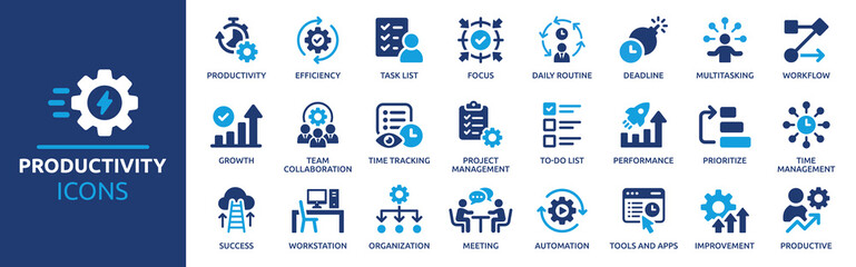 Poster - Productivity icon set. Containing efficiency, task, focus, multitasking, workflow, growth, routine, project management, automation and productive. Vector solid symbol collection.