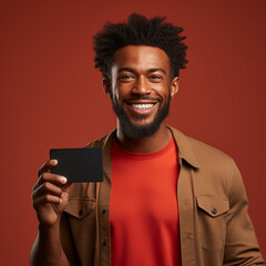 Young cheerful african american man holding black mockup for text in hand on red background