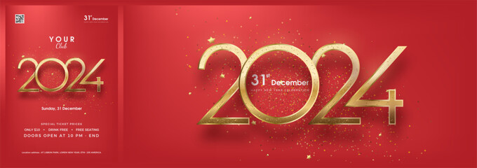 Wall Mural - Elegant happy new year 2024 design. With luxury gold numbers on a solid red background. Premium design for new year party.