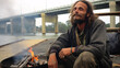 © spr0ut7 design - fictional homeless man near a tiny campfire seemingly residing under a bridge; forlorn let somewhat peaceful expression