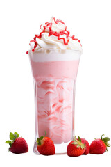 Wall Mural - A glass of chilled strawberry milkshake on a transparent white background