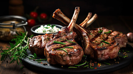 grilled lamb chops on the wooden table in the restaurant.