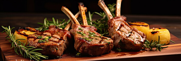 Wall Mural - Grilled Lamb Chops on the wooden table in the restaurant.