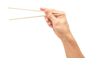 isolated of a man's hand holding a wood chopstick.