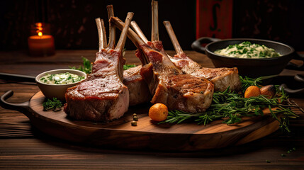 Wall Mural - Rack of lamb, with mustard and garlic sauce on the wooden table.