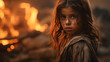 © HarshaB - A sad face of a little girl standing in front of collapse buildings area natural disaster or war victim. Generative AI