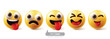 Emoji funny emoticon characters vector set. Emojis emoticons facial expression in happy, joyful, smiling, cool, naughty and playful character face collection. Vector illustration emojis funny icon 