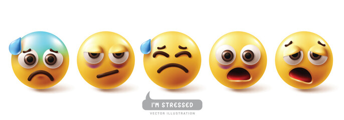 Wall Mural - Emoji stress emoticon characters vector set. Emojis emoticons in stress, nervous, worried, tired, scared and depressed facial expression character elements collection. Vector illustration emojis 