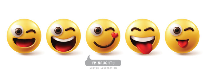 Wall Mural - Emojis naughty emoticon characters vector set. Emoji emotions facial expression in happy, funny, joyful, smiling and winking face character collection. Vector illustration emojis naughty icon 