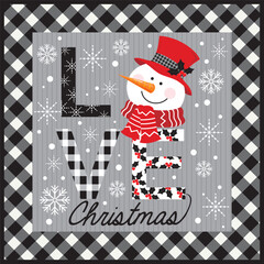 Wall Mural - christmas card with snowman and love text