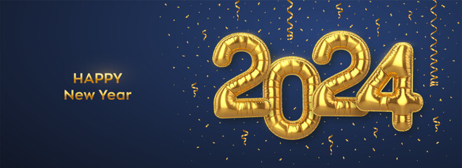 Wall Mural - Happy New 2024 Year. Golden foil balloon numbers on blue background. High detailed 3D realistic gold foil helium balloons. Merry Christmas and Happy New Year 2024 greeting card. Vector illustration.