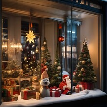 A Vintage Shop Window With Retro Christmas Decorations And Toys From A Bygone Era3